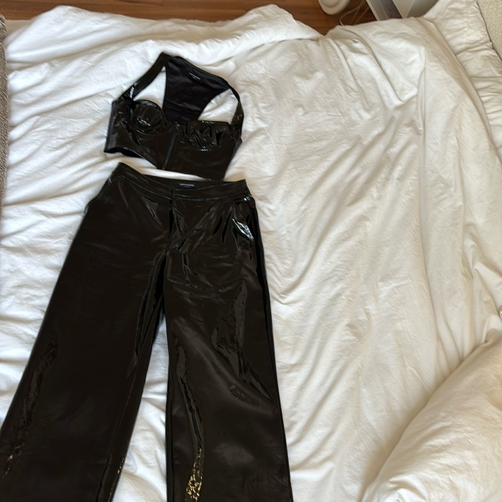 Faux patent leather wide leg pants with top